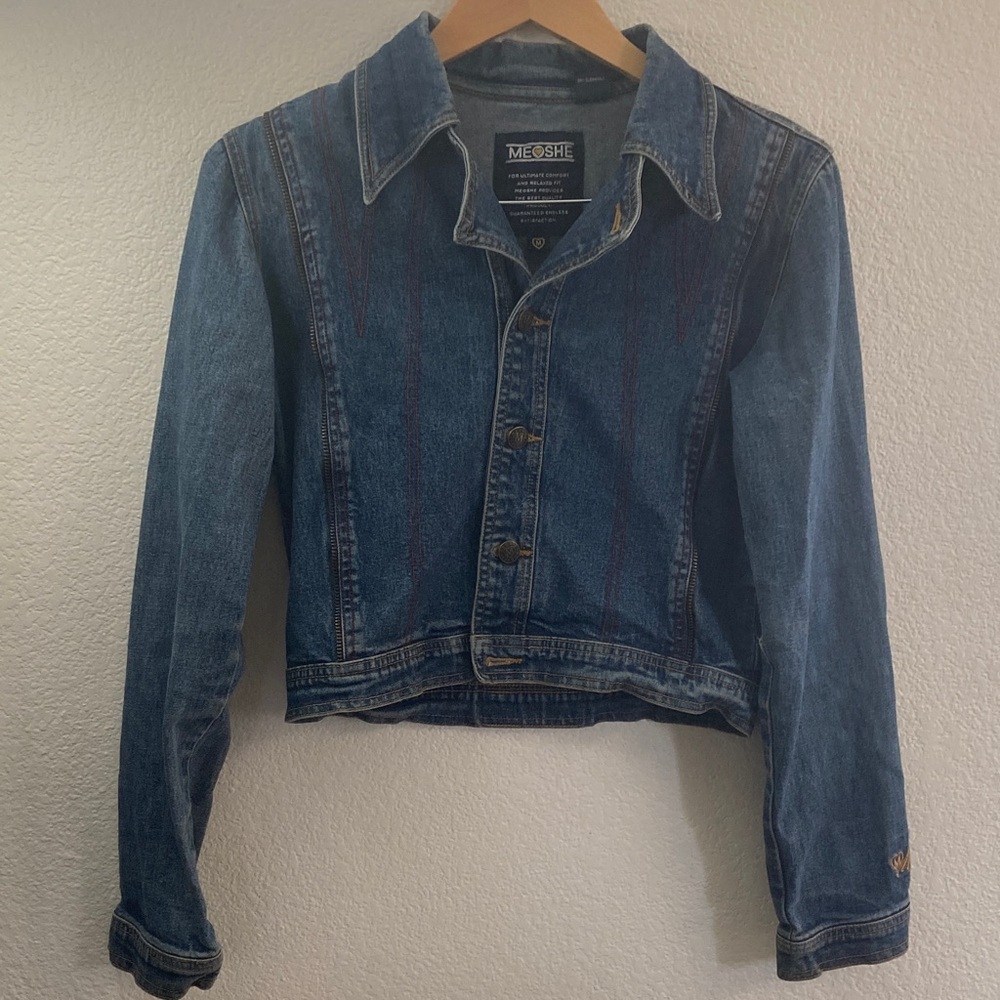 Meoshe Vtg short Denim Jacket embroidered zipper goth western biker y2k